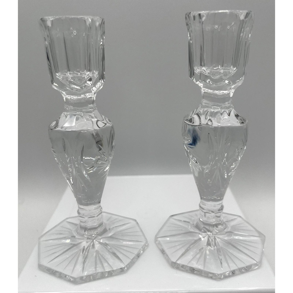 Eleanor American Cut Vintage Crystal Taper Candle Holders 5.5" Tall‎ Pair EUC